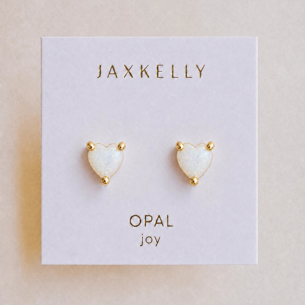 Puffed White Opal Heart Earrings