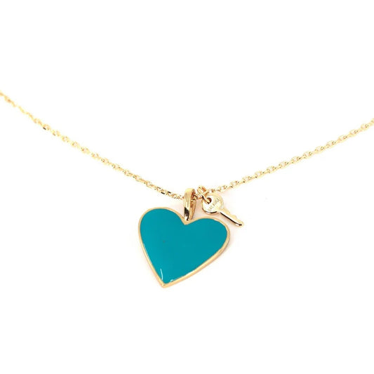 Turquoise Balance Enamel Heart and Mini Key Necklace